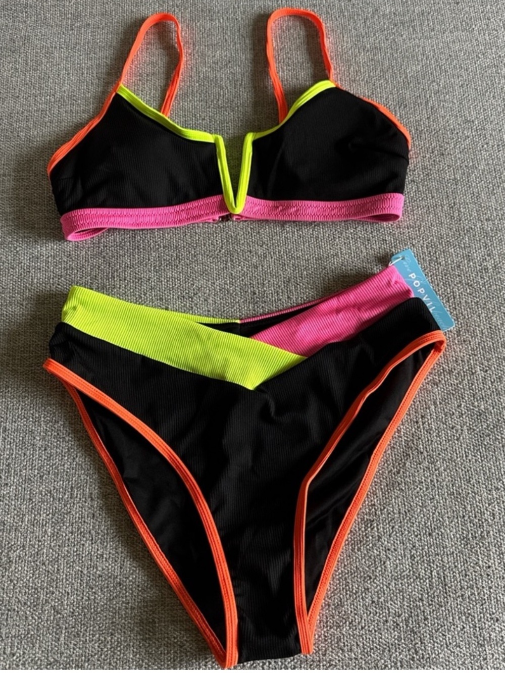 NEW. Popvil Neon and Black Bikini Set Size Medium